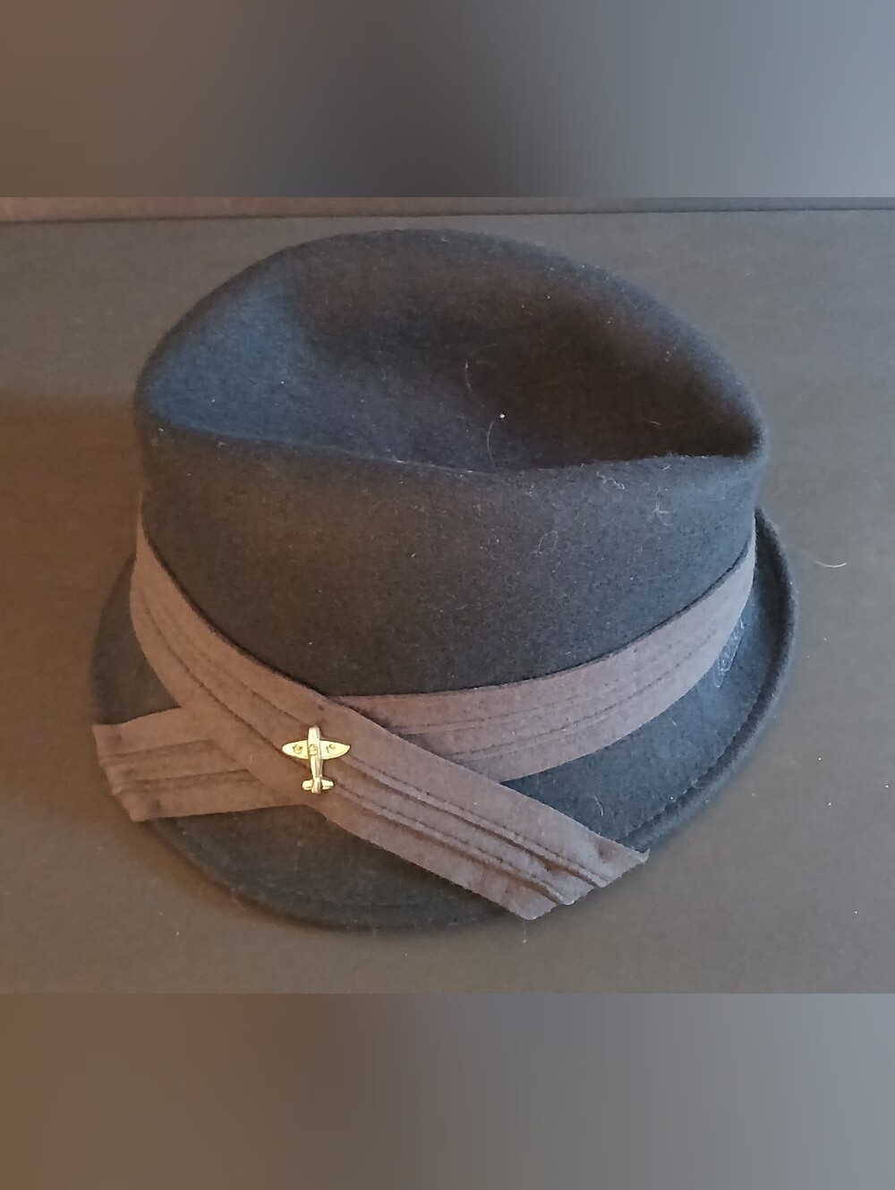 Goorin Bros Navy Wool Fedora with Brown Band and Brass Airplane Pin